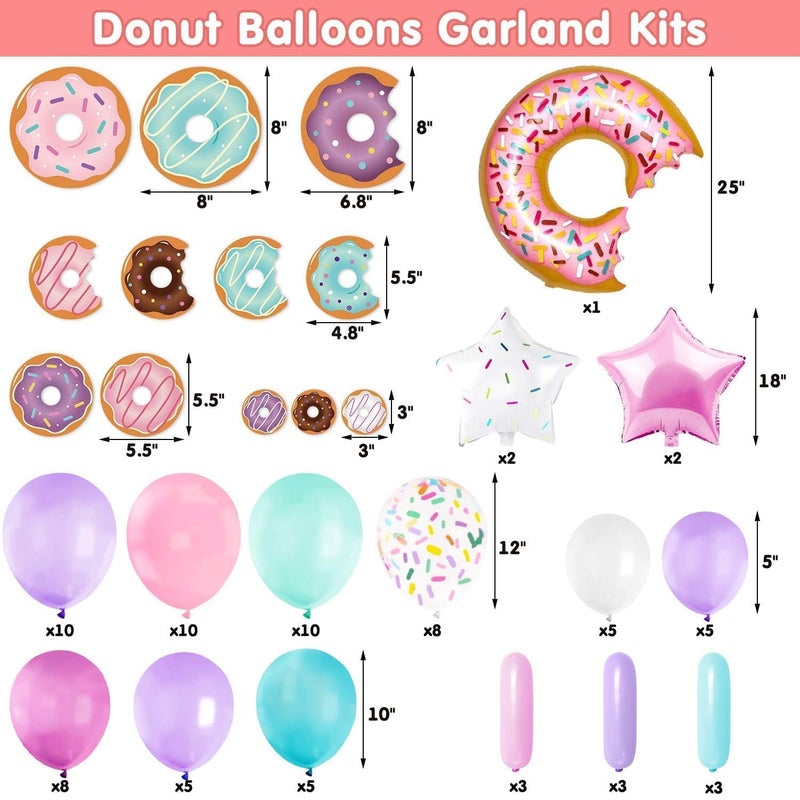 Levfla 100 PCS Donut Balloons Garland Pastel Decoration Kits Sprinkles Confetti Doughnut Backdrop Cutouts Kids Birthday Party Balloons Arch Photo Props Favor Ideas Supplies - Image 3